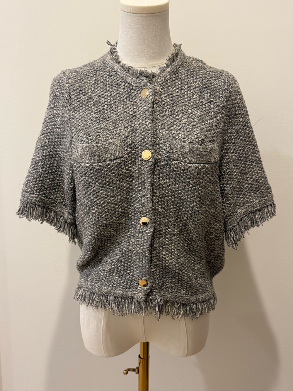 J. Crew Gray Fringed Short-Sleeve Tweed Cardigan with Gold Buttons